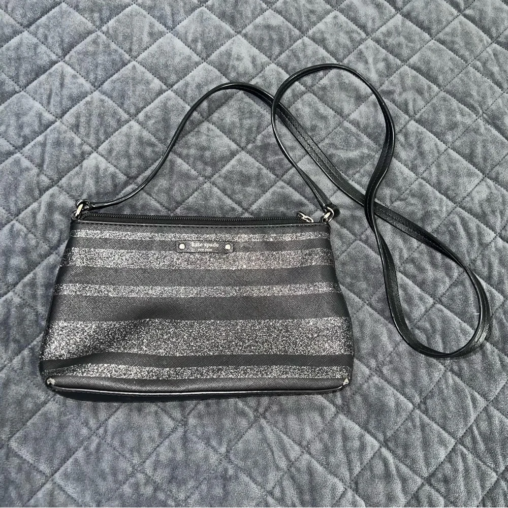 Kate Spade Crossbody Purse Bag Black Shimmery Sparkle Stripe Small Rectangle